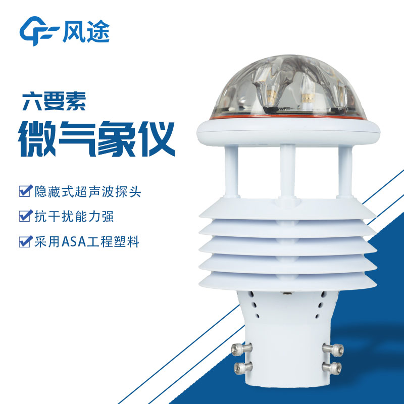 六要素微氣象儀：對風速、風向、溫度、濕度、氣壓及降水的同步測量